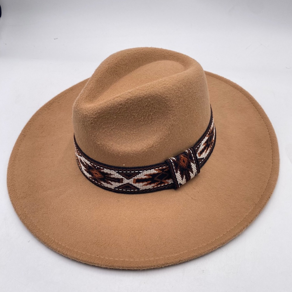 Wide Brim Fedora Hat OSFM Tan Southwestern Band Western Boho Adjustable vGC